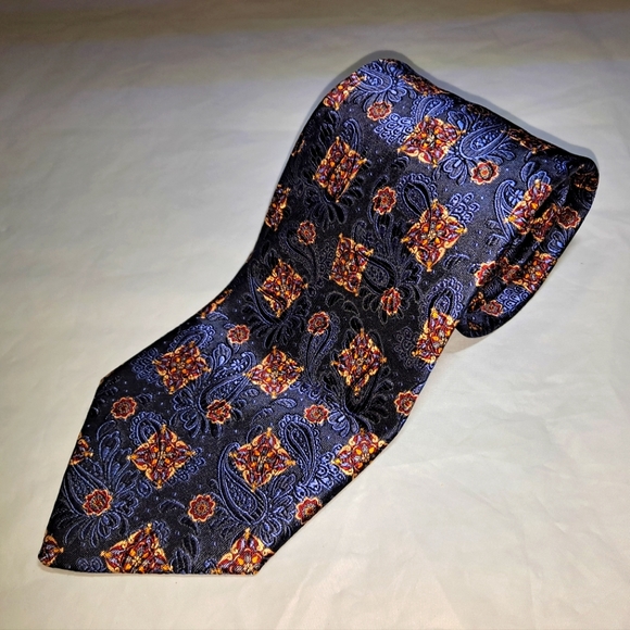 Jos. A. Bank Signature Gold 💯 Silk Necktie 57-60"/3.5" Blue/Gold Floral Paisley - Picture 1 of 9